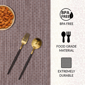 Brown and gold PVC placemats from Decozen, heat-resistant and washable, designed for indoor and outdoor table decor.