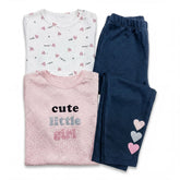 a pink shirt with the text "cute little girl" and a pair of navy blue pants with three hearts on the left leg.