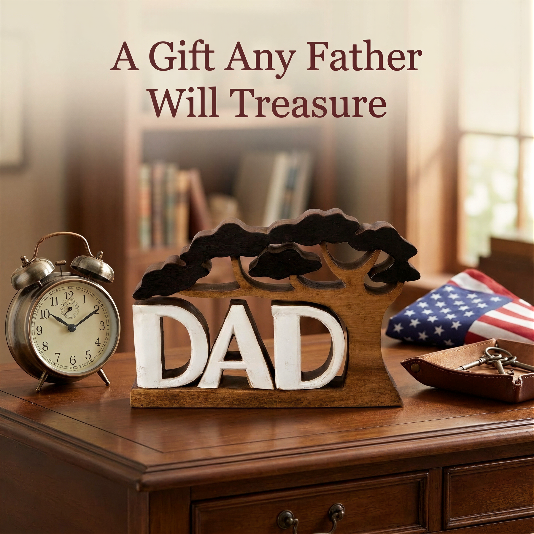 a wooden sign with the word "DAD" in the center, surrounded by various objects such as a clock, a book, and an American flag, all placed on a wooden desk or table.