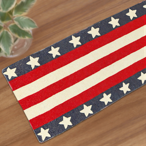 Beaded USA flag table runner by USRN1, 13x35 inches, featuring patriotic red, white, and blue beads for festive table decor.