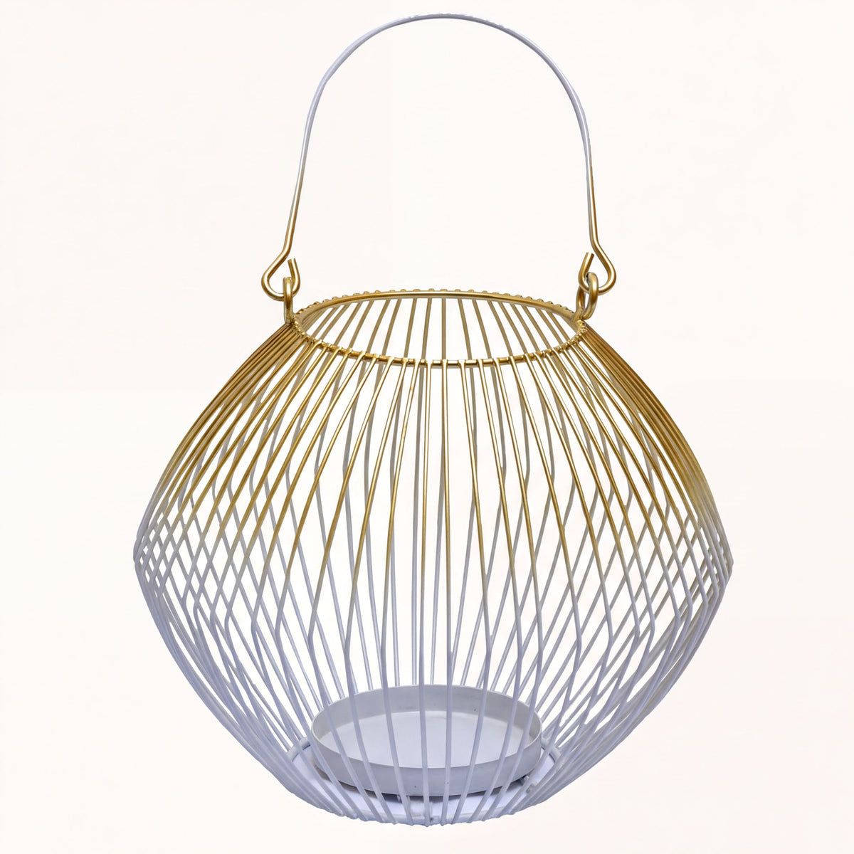 White and gold candle holder lantern from CA9942-MB, decorative metal lantern with glass panels for candles.