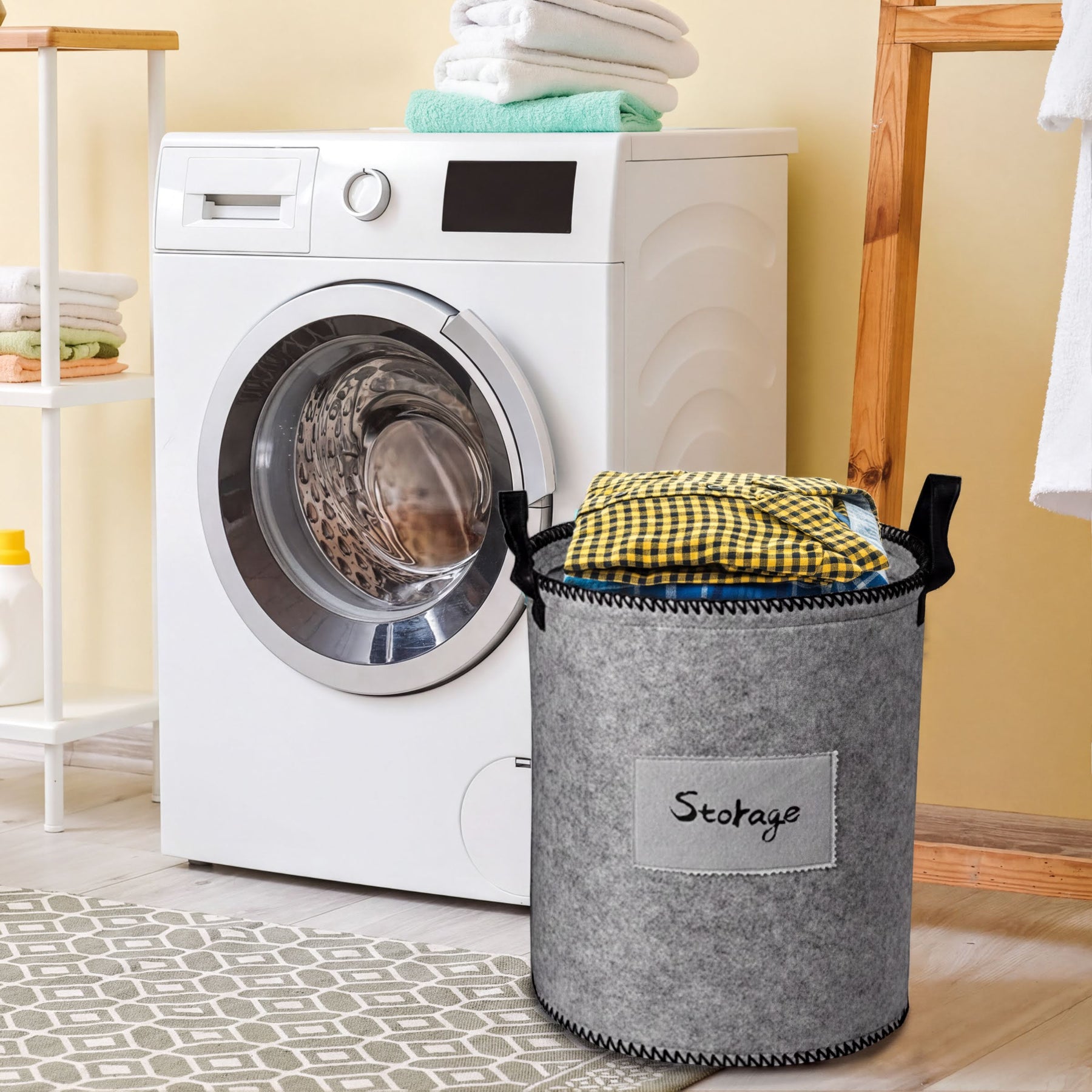 Set of three gray felt laundry hampers and storage bins by 4629, featuring woven design and sturdy handles for organization.