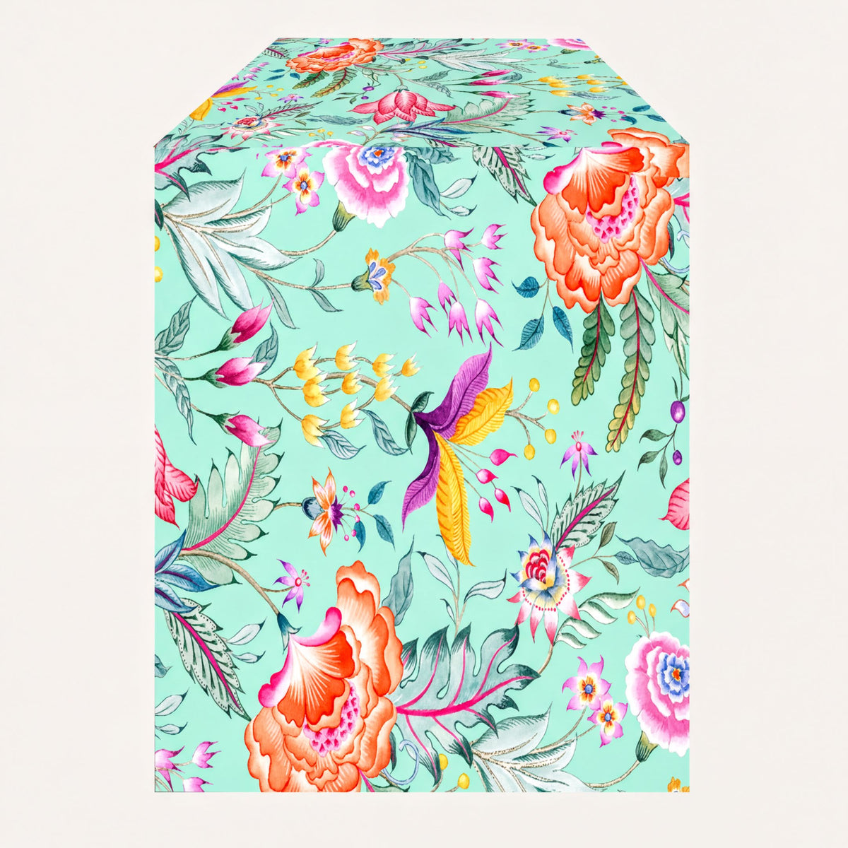 Printed RN-4 table runner featuring green and pink chintz floral design, decorative fabric perfect for table decoration.