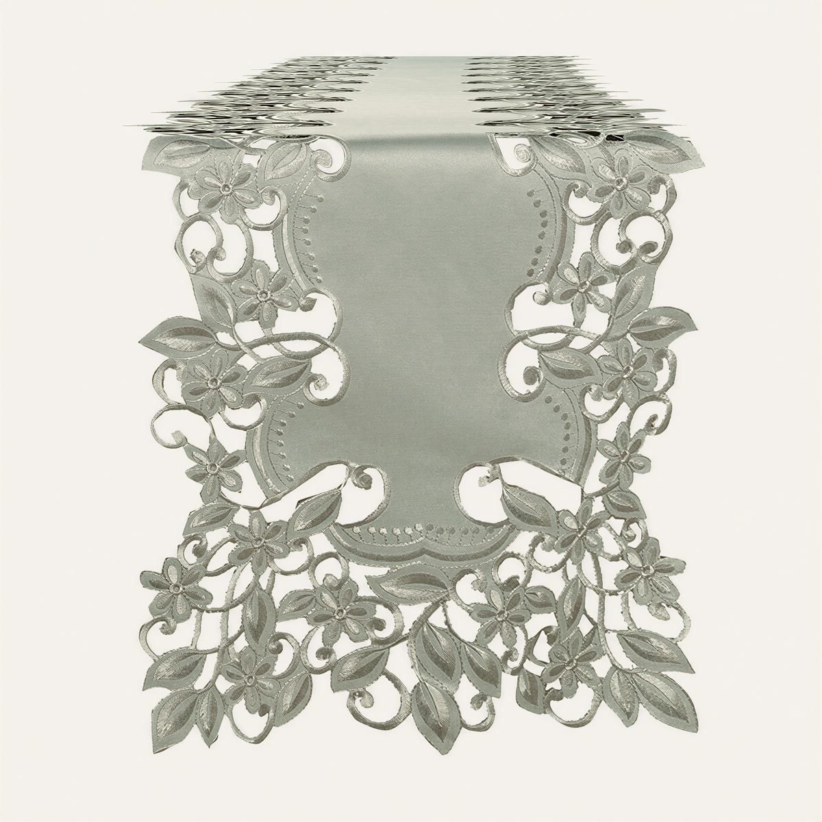 a decorative table runner with intricate floral patterns and designs.