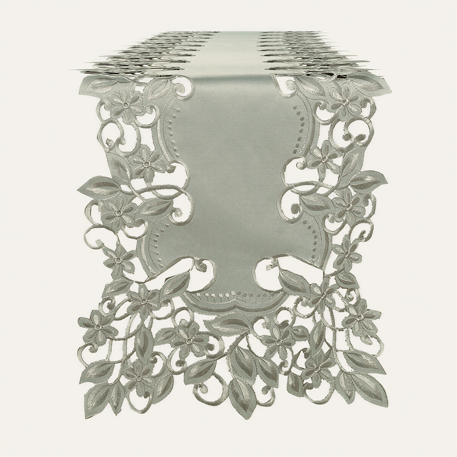 a decorative table runner with intricate floral patterns and designs.