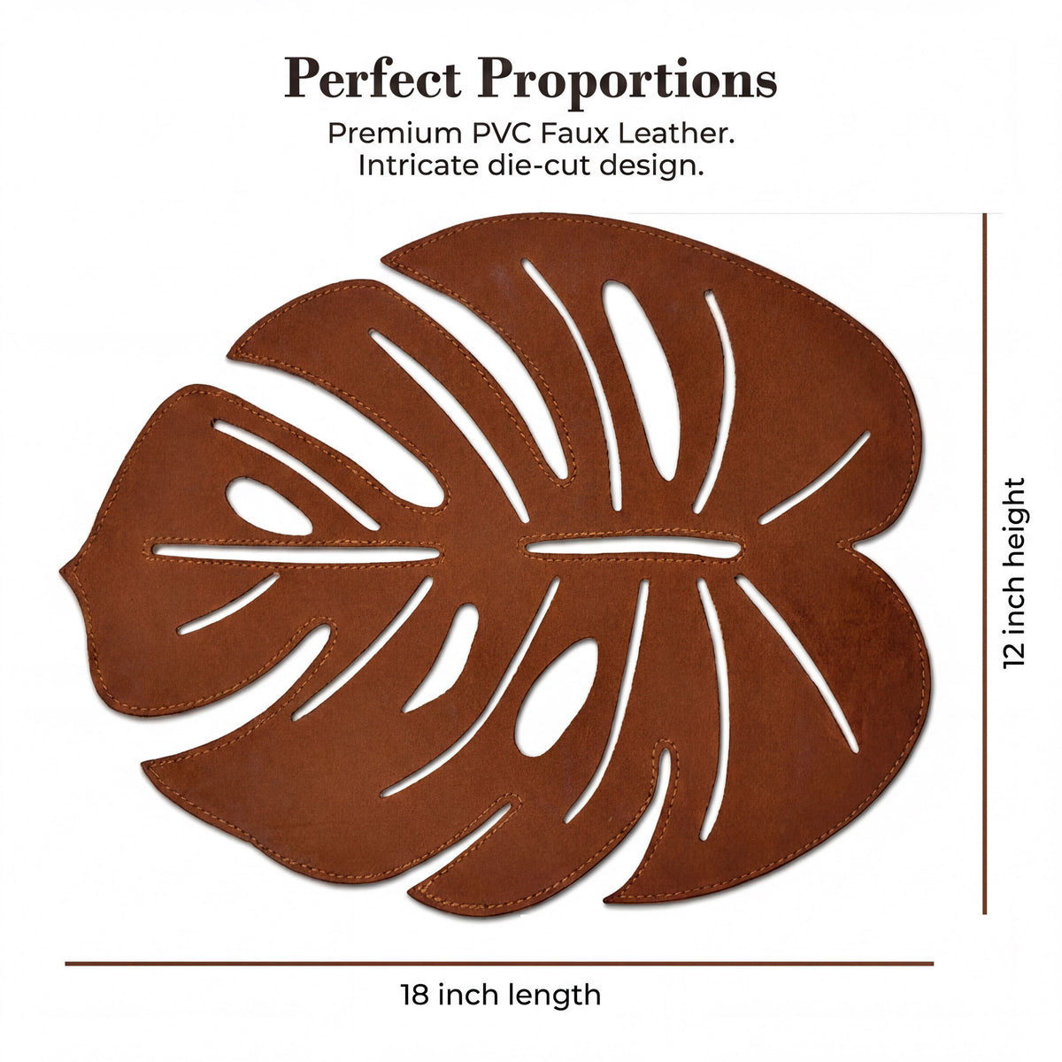 Set of six Monstera leaf cut out leather placemats by ACM1206-BRN, featuring tropical leaf design for stylish table settings.