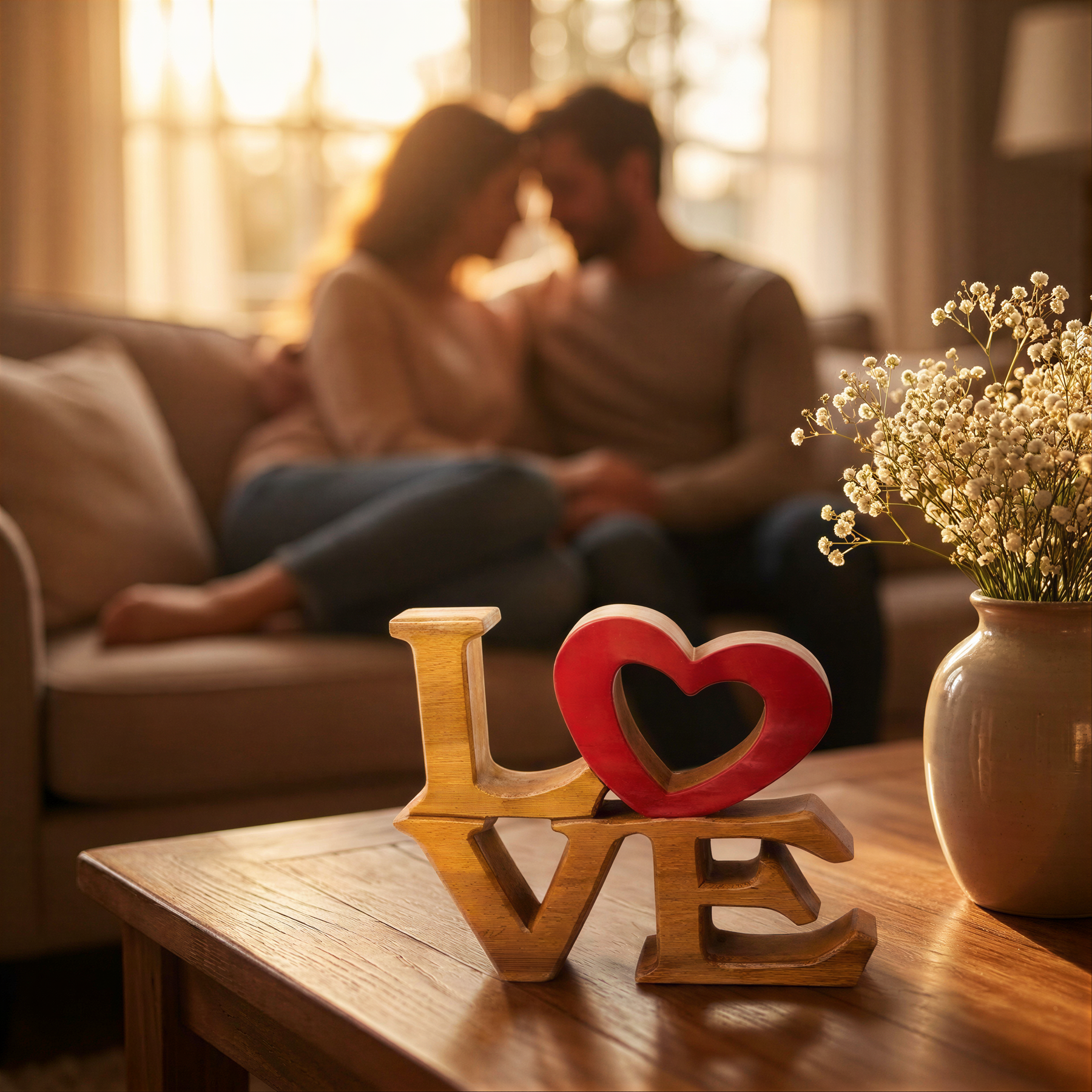 A couple sitting on a couch, with a wooden sign in the foreground that says "LOVE" in a heart shape.