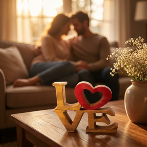 A couple sitting on a couch, with a wooden sign in the foreground that says "LOVE" in a heart shape.