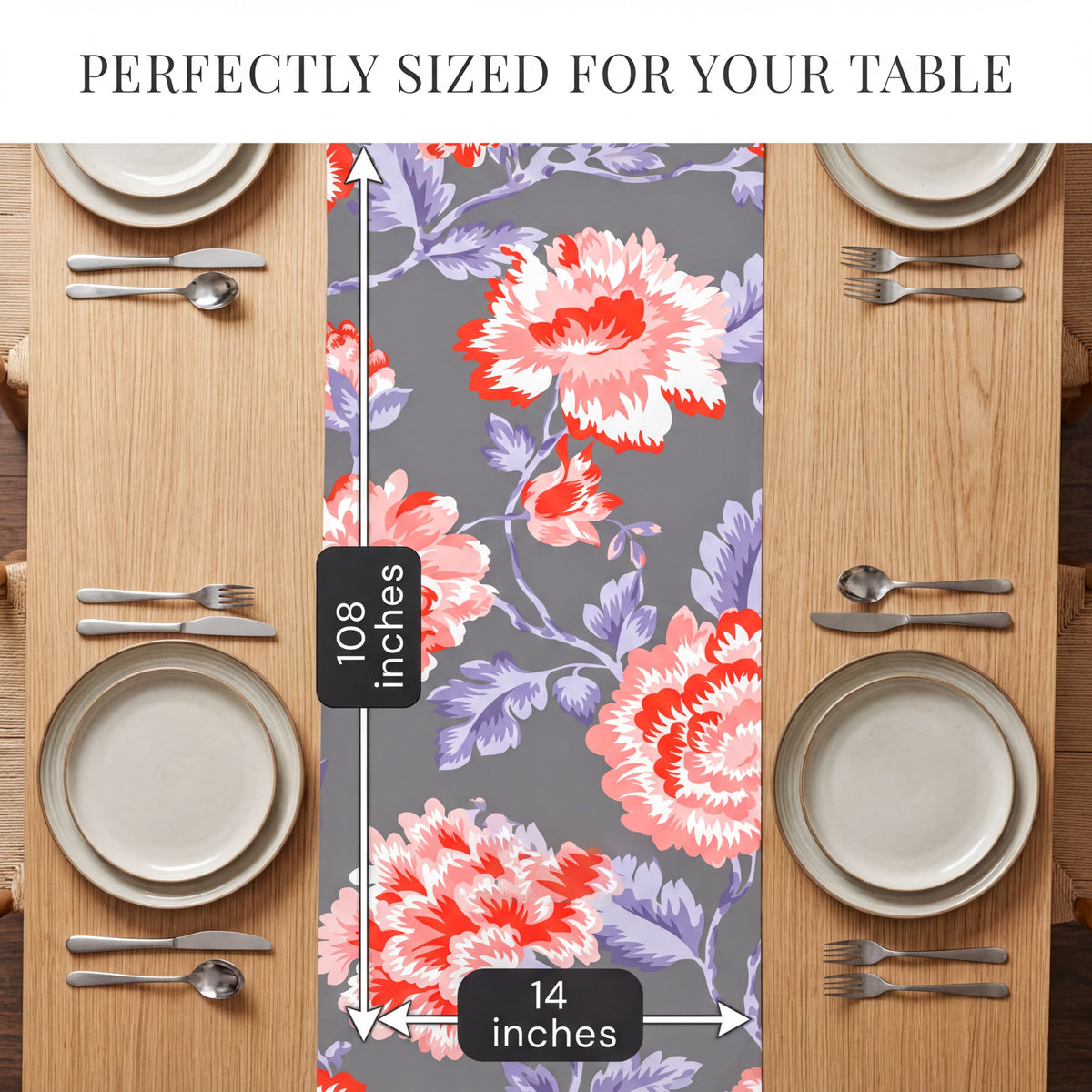a table set for a meal, with plates, silverware, and a floral table runner. The table is perfectly sized for a table that is 108 inches long.
