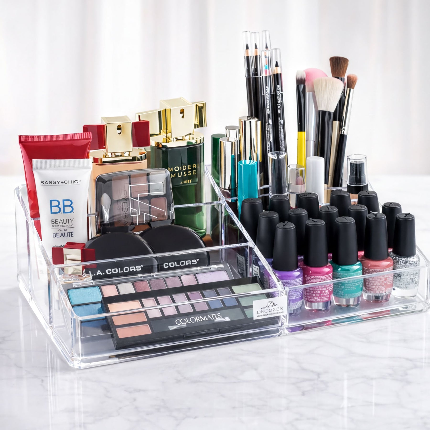 Clear makeup and jewelry organizer with 21 slots from F1047A, perfect for storing cosmetics and accessories neatly.