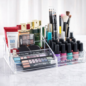 Clear makeup and jewelry organizer with 21 slots from F1047A, perfect for storing cosmetics and accessories neatly.