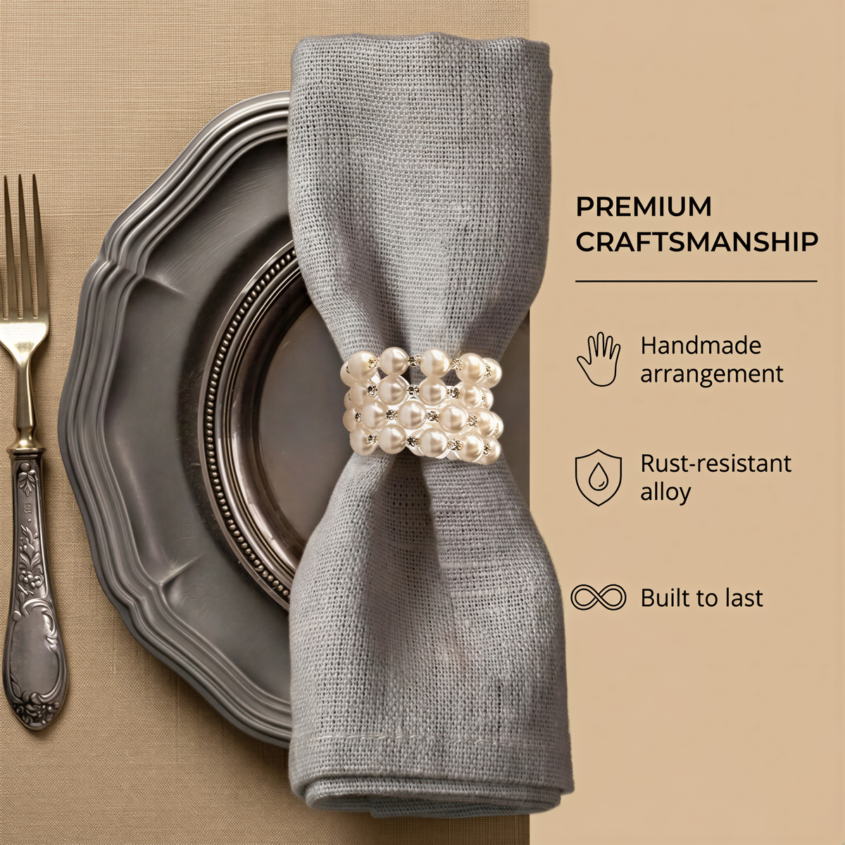 The image showcases a premium craftsmanship arrangement of a gray napkin ring and a silver plate, highlighting the handmade nature of the arrangement, the rust-resistant alloy material, and the durability of the built-to-last design.