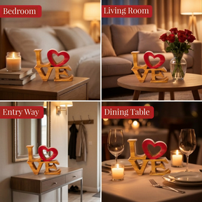 The image is a collage of four photos depicting different settings in a bedroom, living room, dining table, and entryway.