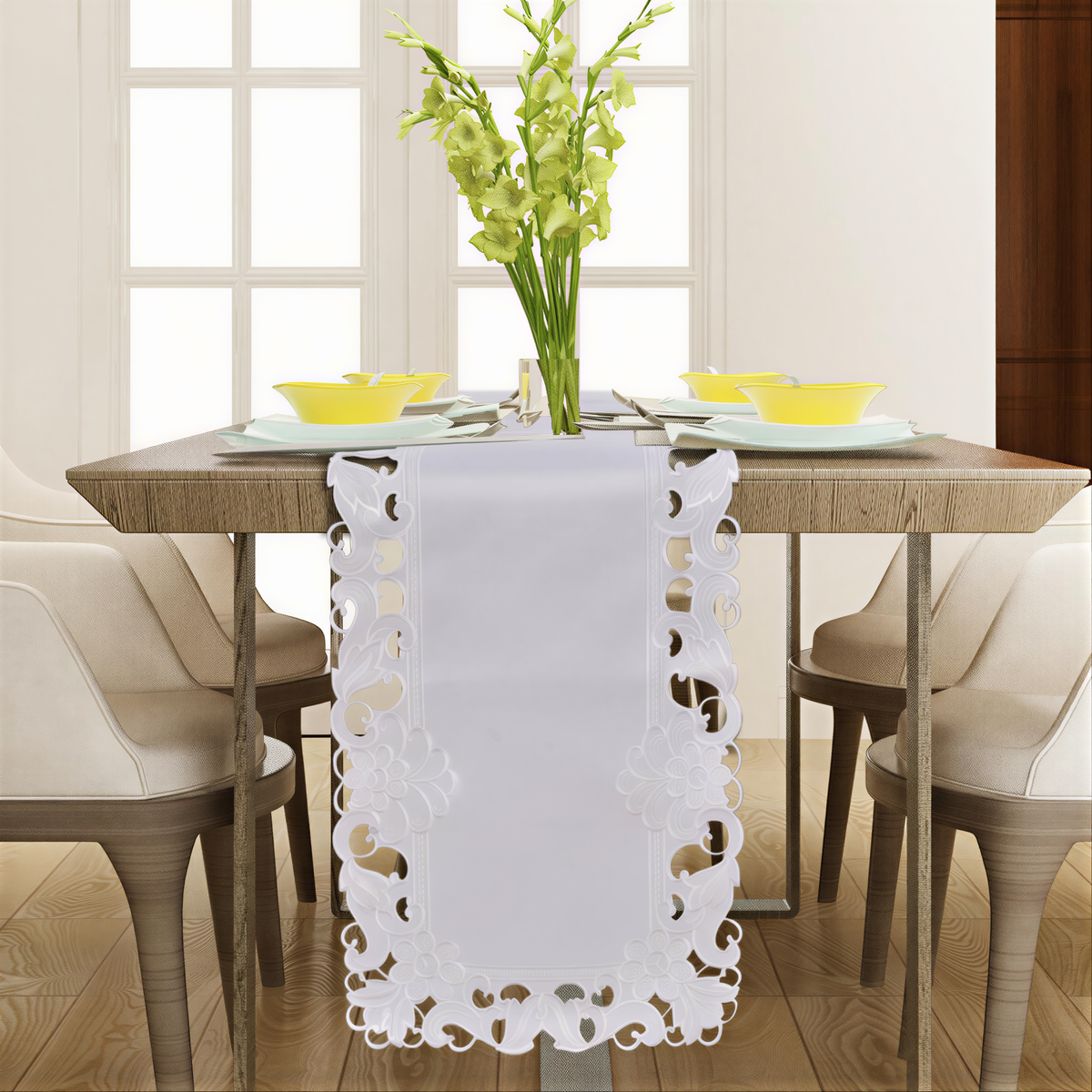 White Snow Blossom table runner with European embroidery, decorative dresser scarf, 14x108 inches, by RIZ-RN