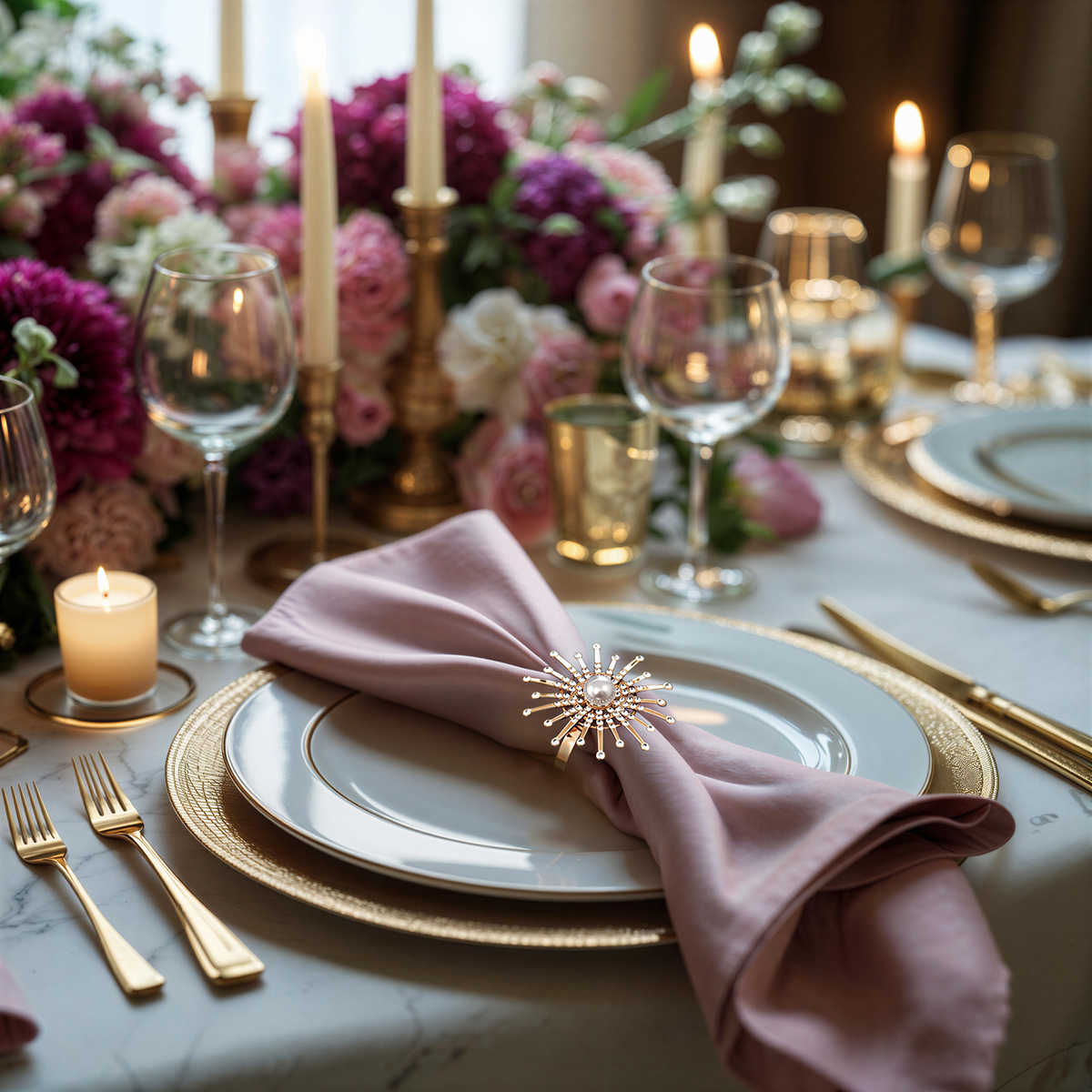 Set of four ZWZ-18-036 Golden Blossom napkin rings with gold floral and pearl design for elegant dining table décor.