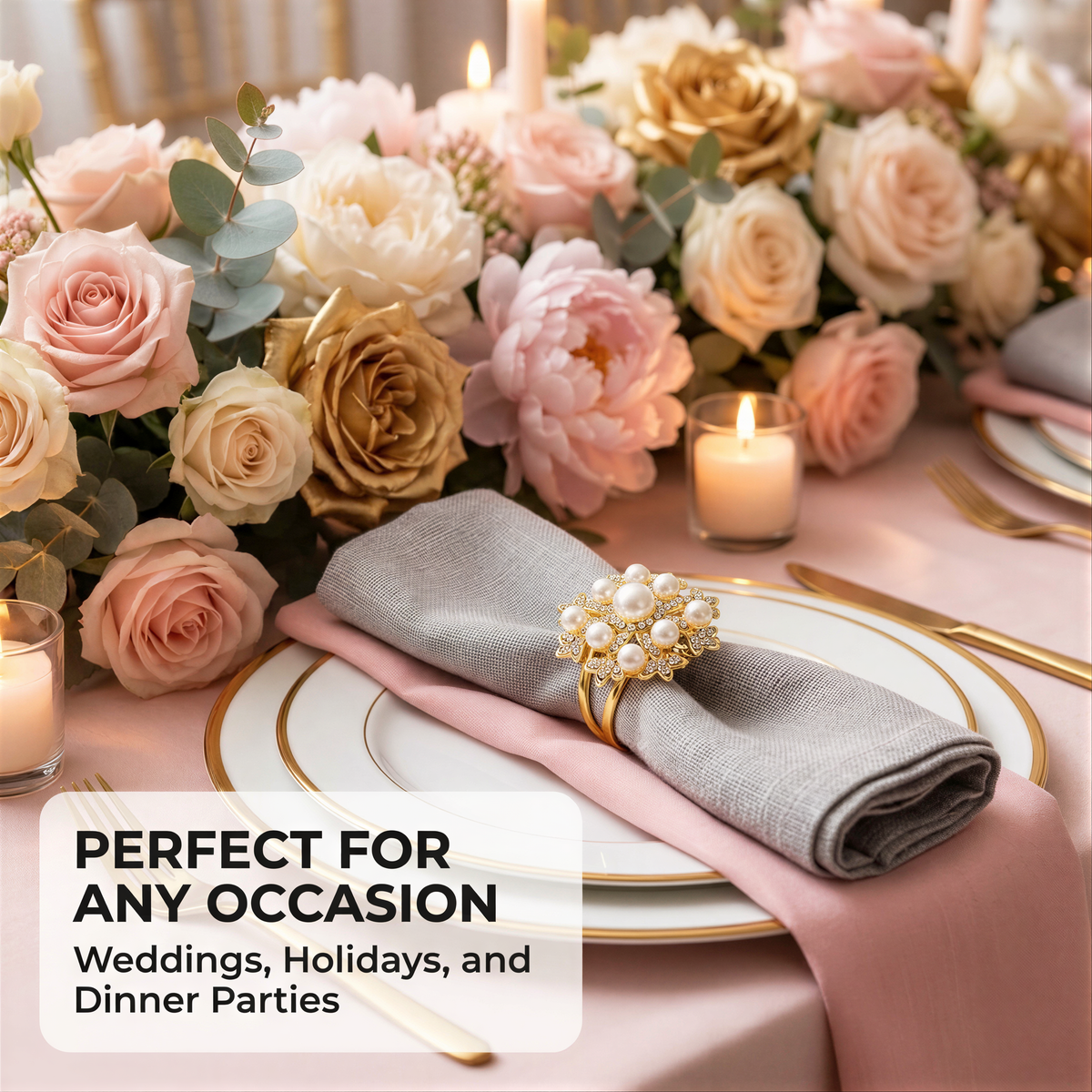 The image showcases a beautifully arranged table setting for a special occasion, featuring a pink tablecloth, a floral centerpiece, and a decorative napkin ring.