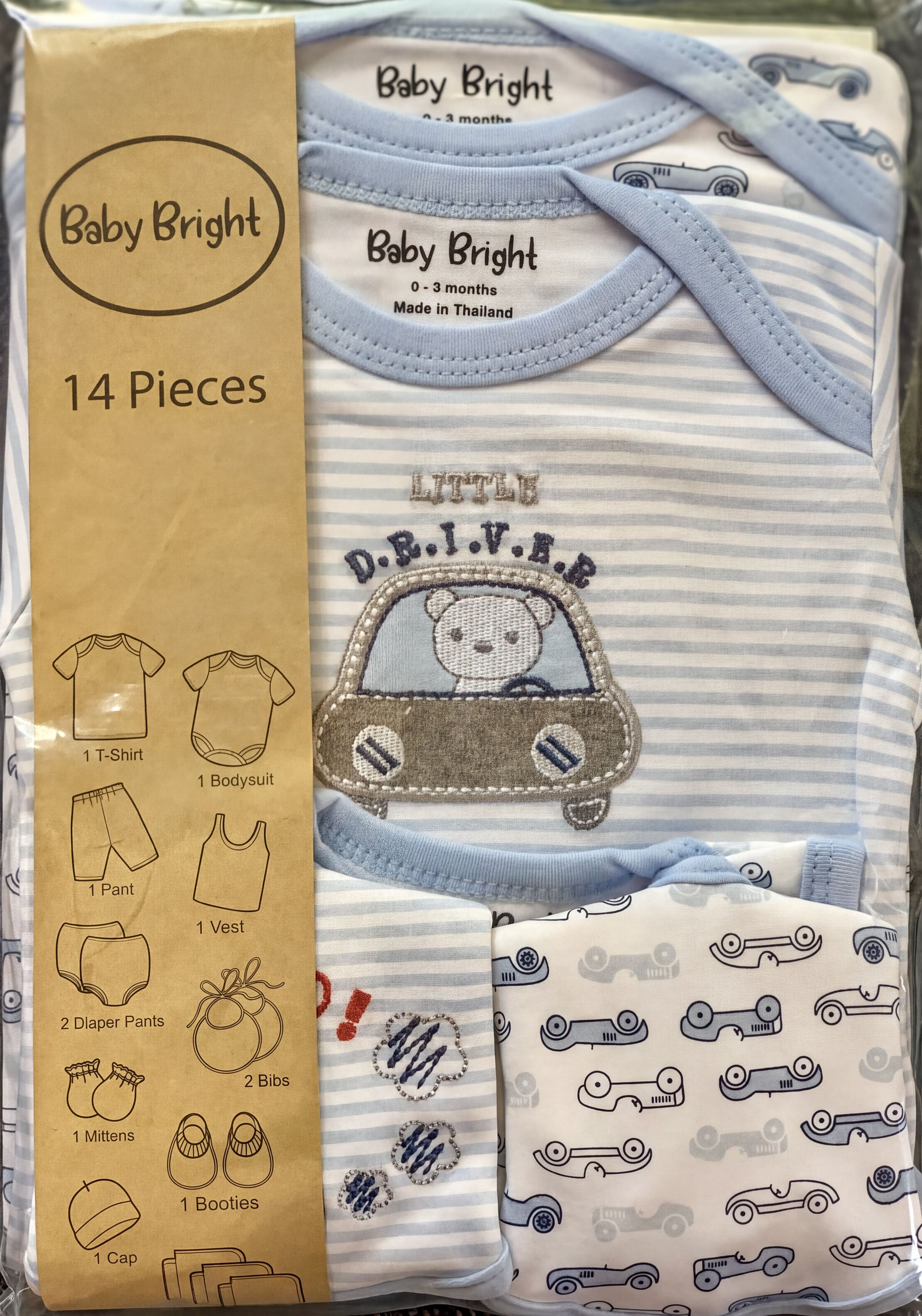 A package containing a set of baby clothes, including a blue and white striped onesie, a blue and white striped bib, and a blue and white striped diaper bag. The package also includes a label with various baby clothing items and a t-shirt.