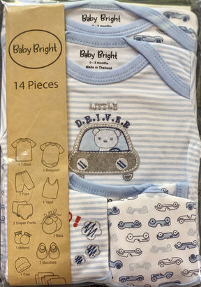 A package containing a set of baby clothes, including a blue and white striped onesie, a blue and white striped bib, and a blue and white striped diaper bag. The package also includes a label with various baby clothing items and a t-shirt.