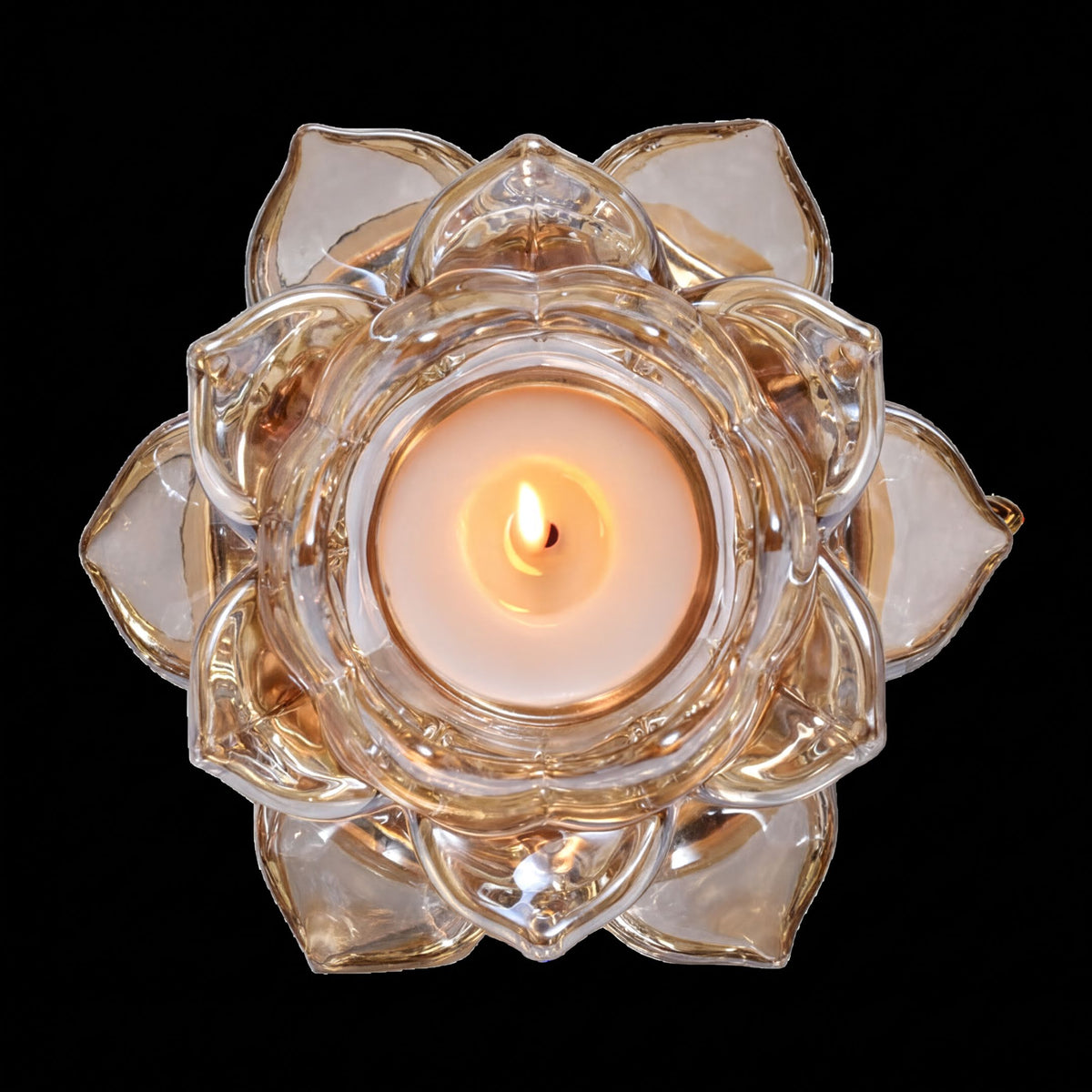 Clear glass floral tea light candle holder with intricate floral design, perfect for decorative candle display.