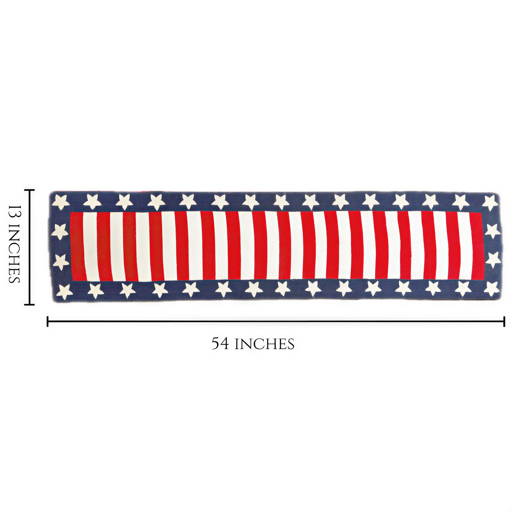 Beaded USA flag table runner, 13" x 54", decorative table decor with red, white, and blue beads for patriotic celebrations.