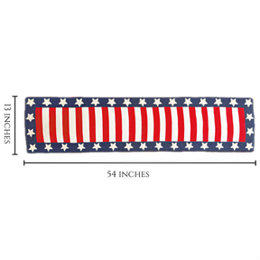 Beaded USA flag table runner, 13" x 54", decorative table decor with red, white, and blue beads for patriotic celebrations.