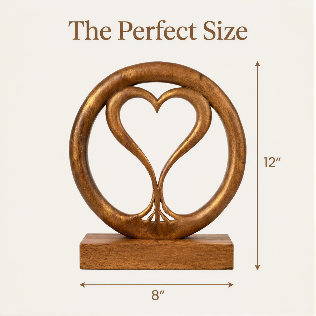 a wooden sculpture of a heart shape, with a wooden base and a wooden stand. The sculpture is described as "The Perfect Size" and is shown to be 8 inches in diameter.