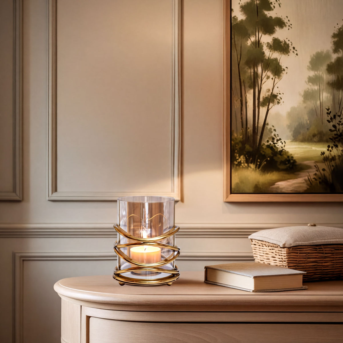 Medium swirl design candle holder from 2016406/B, showcasing a decorative glass holder with a curved, artistic pattern.