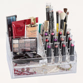 Clear F1267 makeup organizer with 19 slots and 1 drawer for storing cosmetics and beauty products.