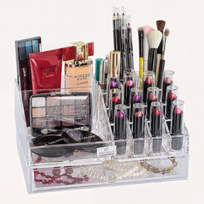 Clear F1267 makeup organizer with 19 slots and 1 drawer for storing cosmetics and beauty products.