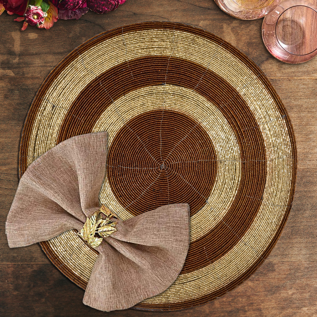 Set of four Dillen Grace beaded placemats from The Dillen Collection, 14-inch elegant decorative dining table decor.
