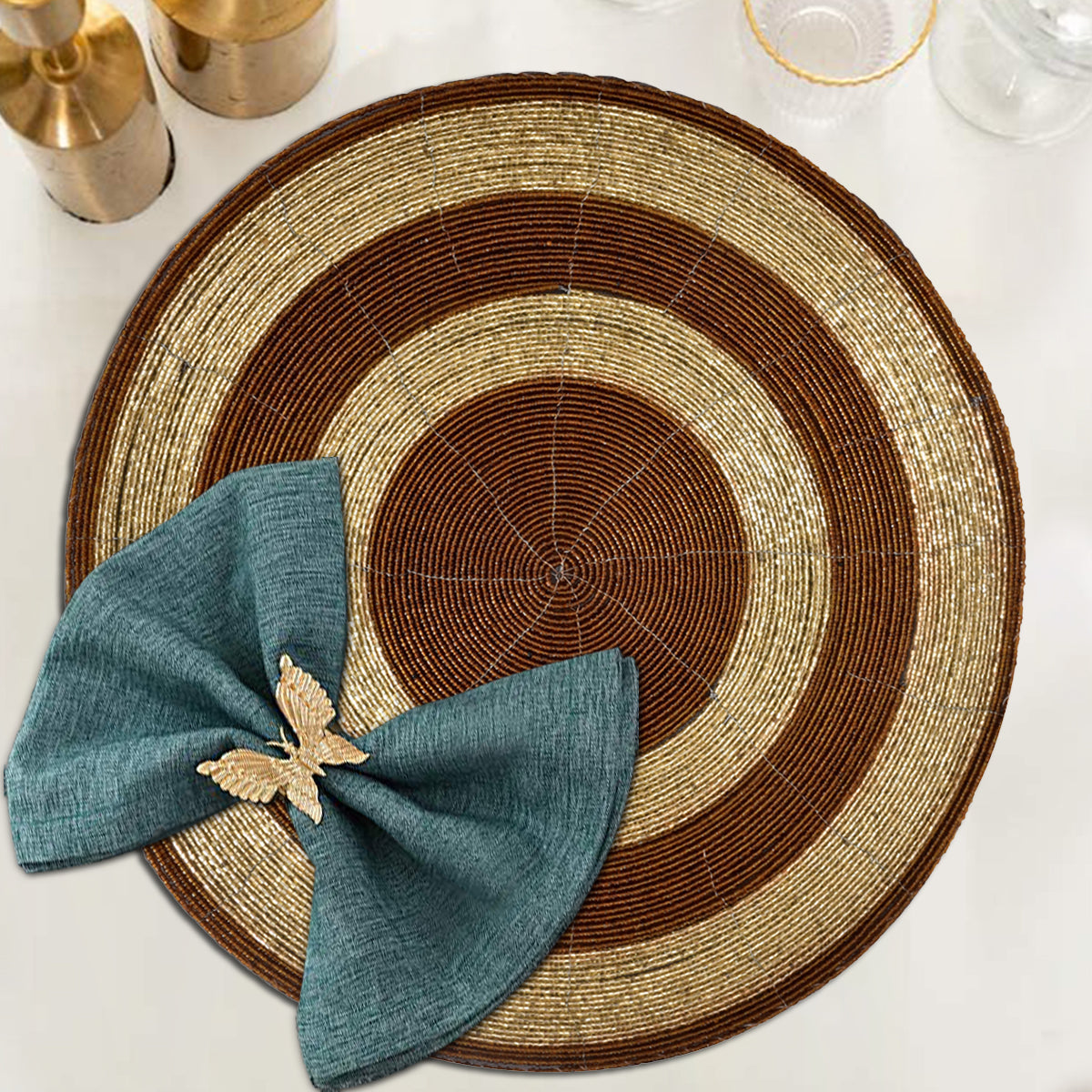 Set of four Dillen Grace beaded placemats from The Dillen Collection, 14-inch decorative tableware for elegant dining decor.