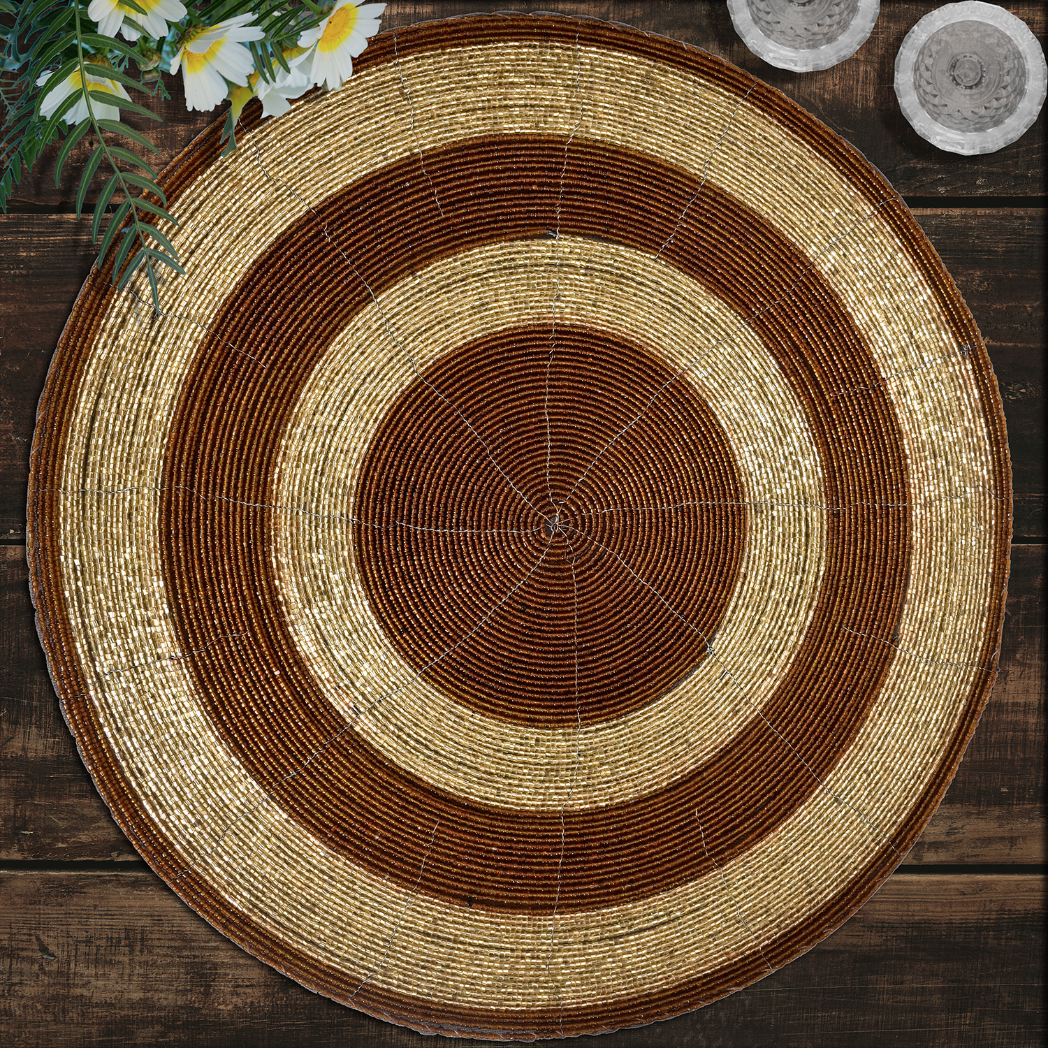Set of four Dillen Grace beaded placemats by BD-022, 14-inch elegant decorative dining table placemats with intricate bead detailing.