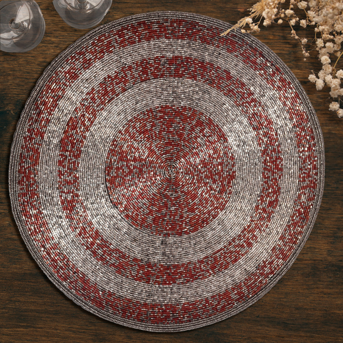 Set of four BD 023 030 Melia Grace beaded placemats from The Melia Collection, 14-inch elegant decorative dining table decor