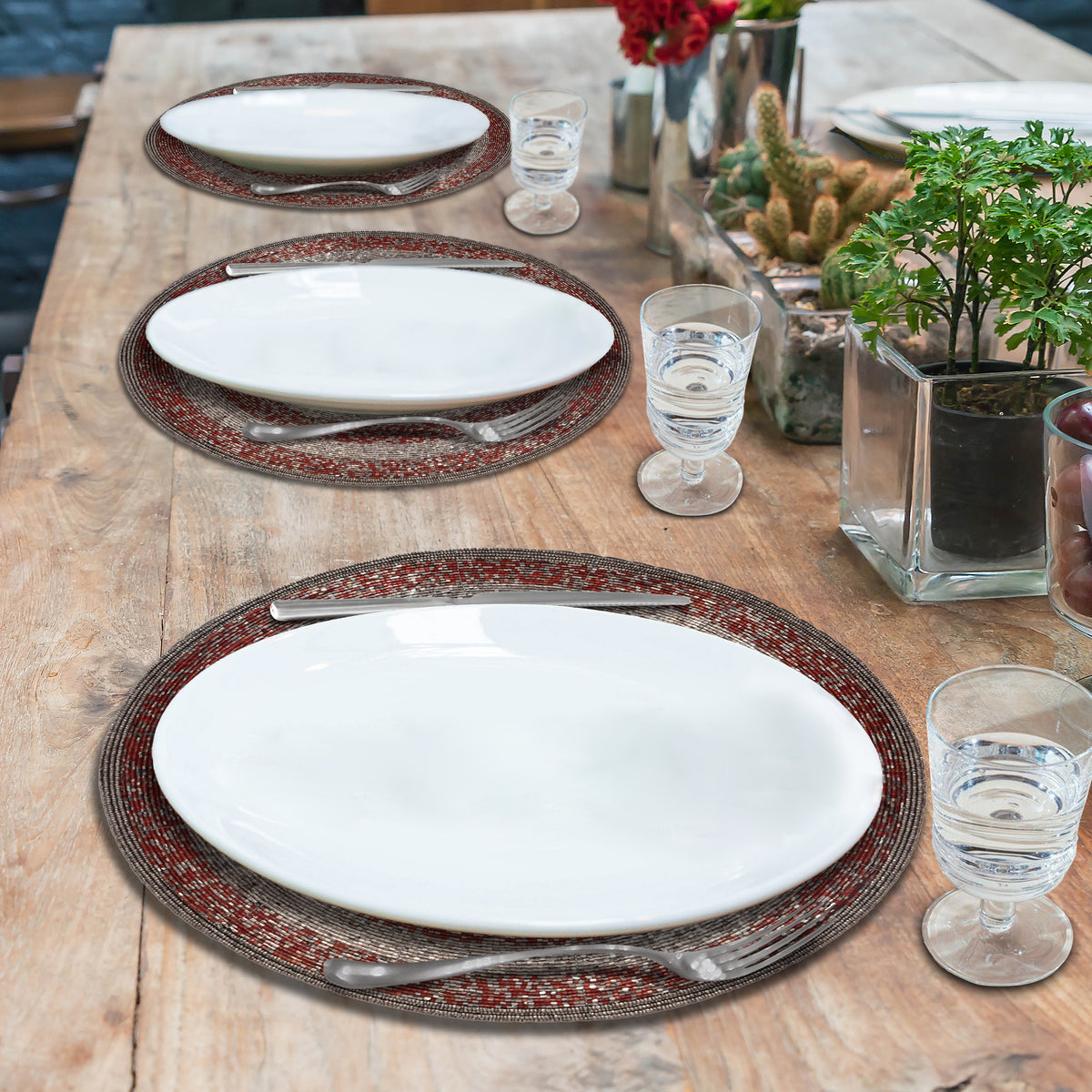 Set of four Melia Grace beaded placemats from BD 023 030, 14-inch elegant decorative dining table placemats with intricate beadwork.