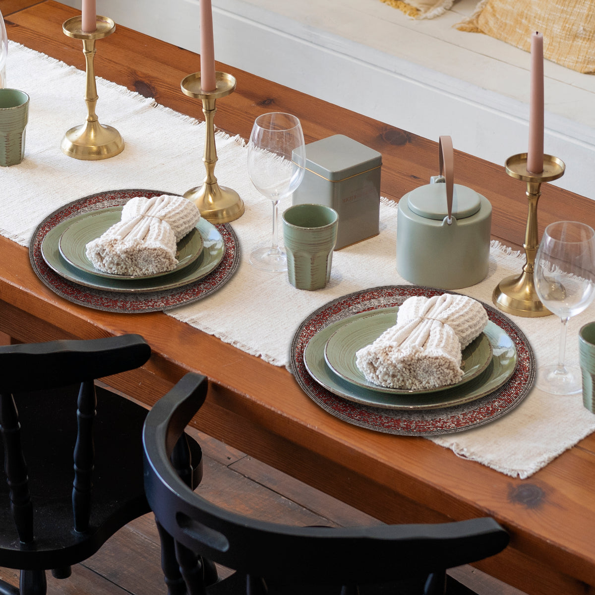 Set of four BD 023 030 Melia Grace beaded placemats from The Melia Collection, elegant 14-inch decorative dining table accessories.