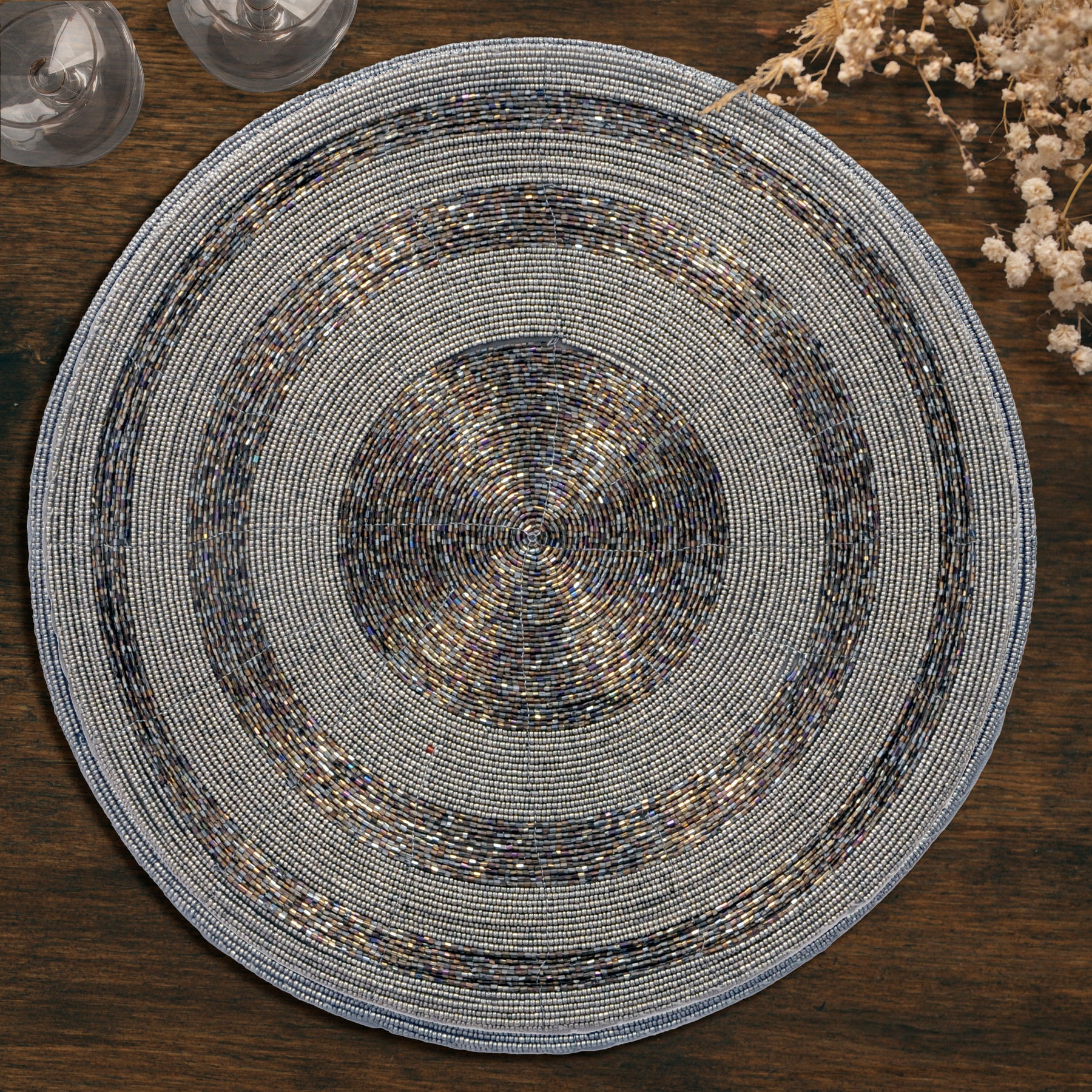 Set of four Vaiga Grace beaded placemats from The Vaiga Collection, elegant 14-inch decorative dining table décor by BD-023 037.