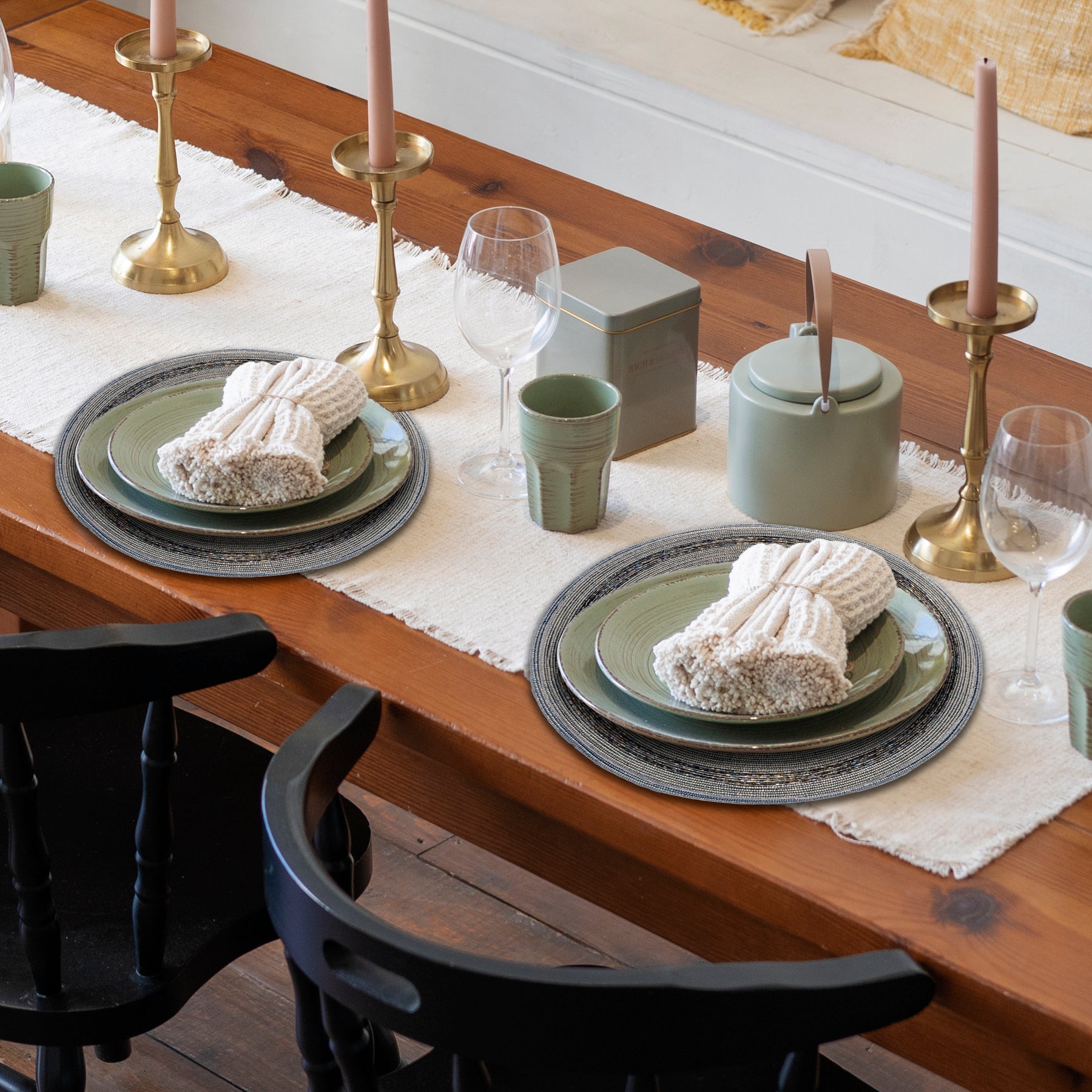 Set of four Vaiga Grace beaded placemats from The Vaiga Collection, decorative 14-inch table decor for elegant dining.