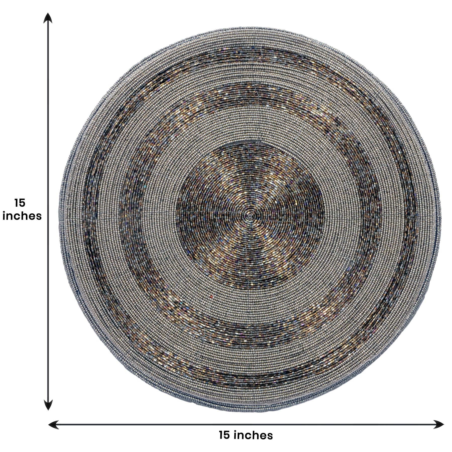 Set of four Vaiga Grace beaded placemats from The Vaiga Collection, elegant 14-inch decorative dining table décor.