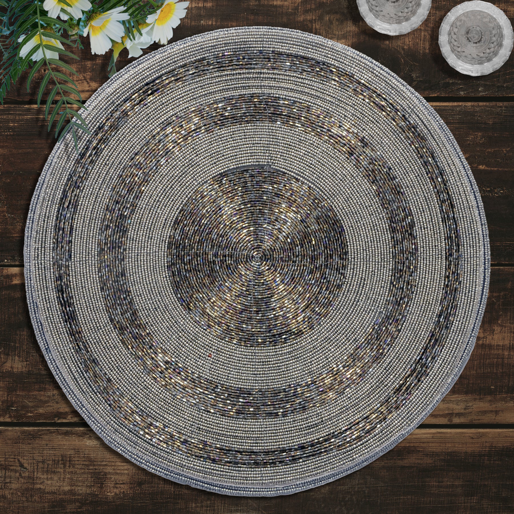 Set of four Vaiga Grace beaded placemats from The Vaiga Collection, elegant 14-inch decorative dining table décor by BD-023 037.