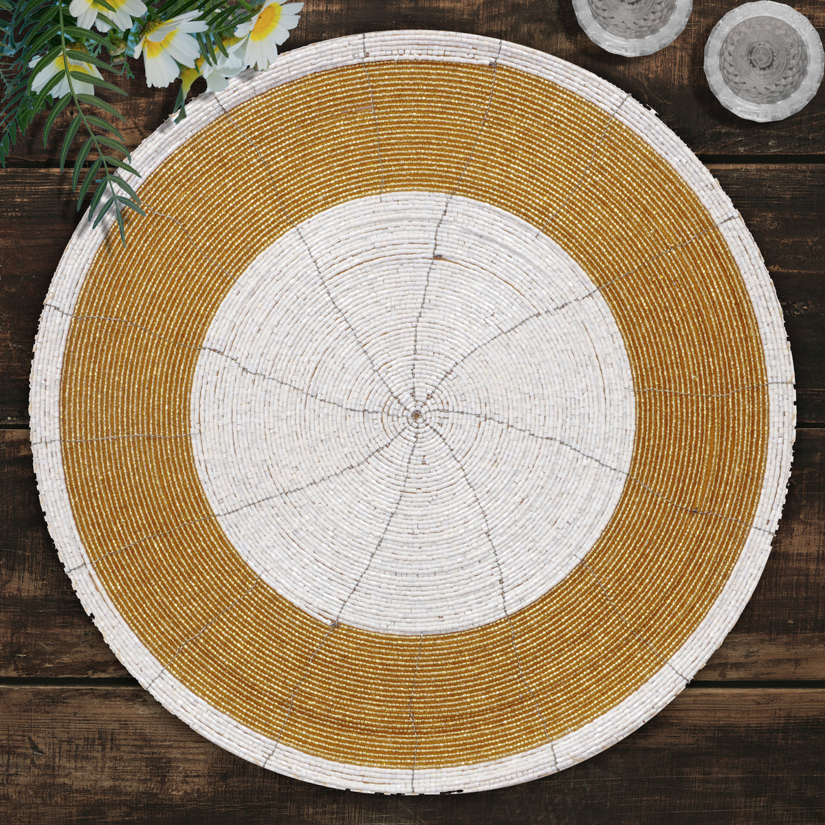 Set of four Amberly Grace beaded placemats from The Amberly Collection, 14-inch elegant decorative dining table décor.