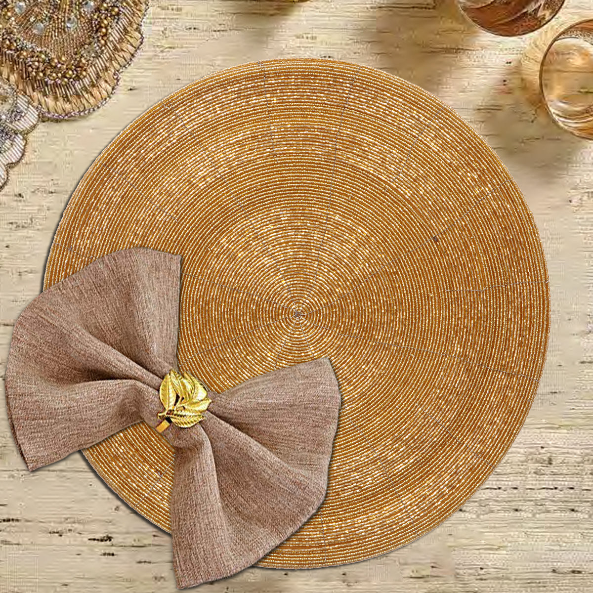Set of four Hartfo Bloom beaded placemats from the Hartfo Collection, decorative 14-inch table decor for elegant dining.