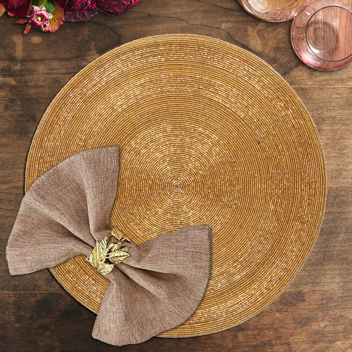 Set of four Hartfo Bloom beaded placemats from BD 036 007, 14-inch decorative table decor with artistic beaded design.