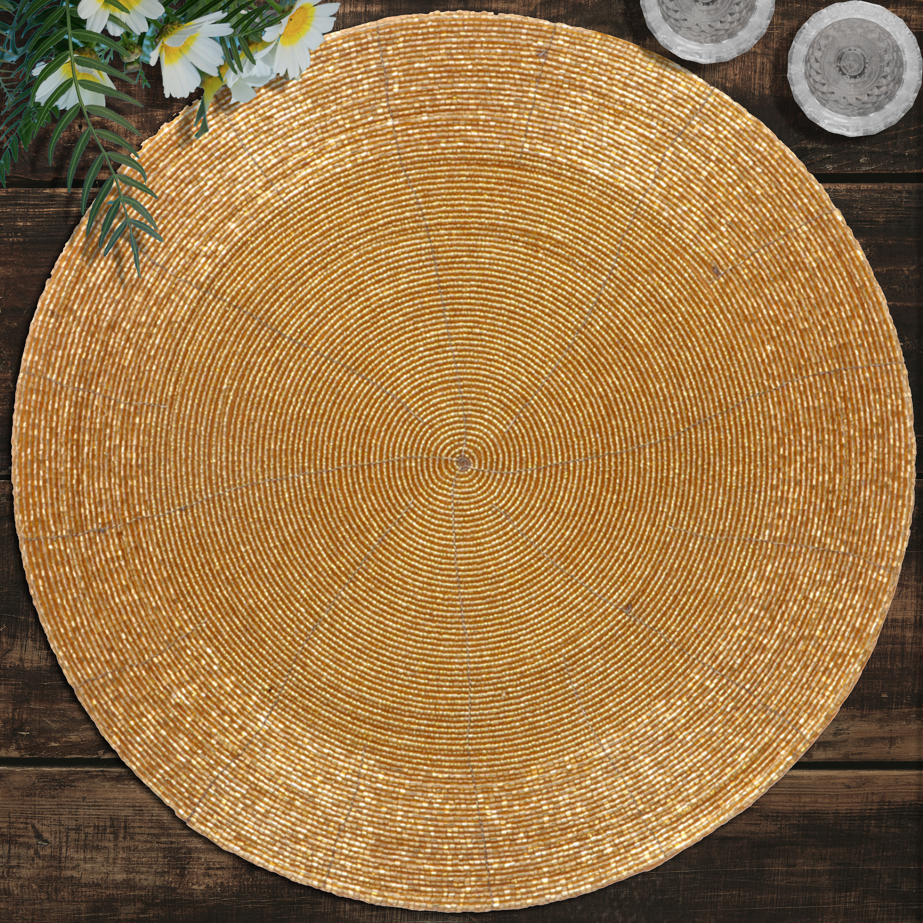 Set of four Hartfo Bloom beaded placemats from The Hartfo Collection, 14-inch artistic decorative dining table décor.