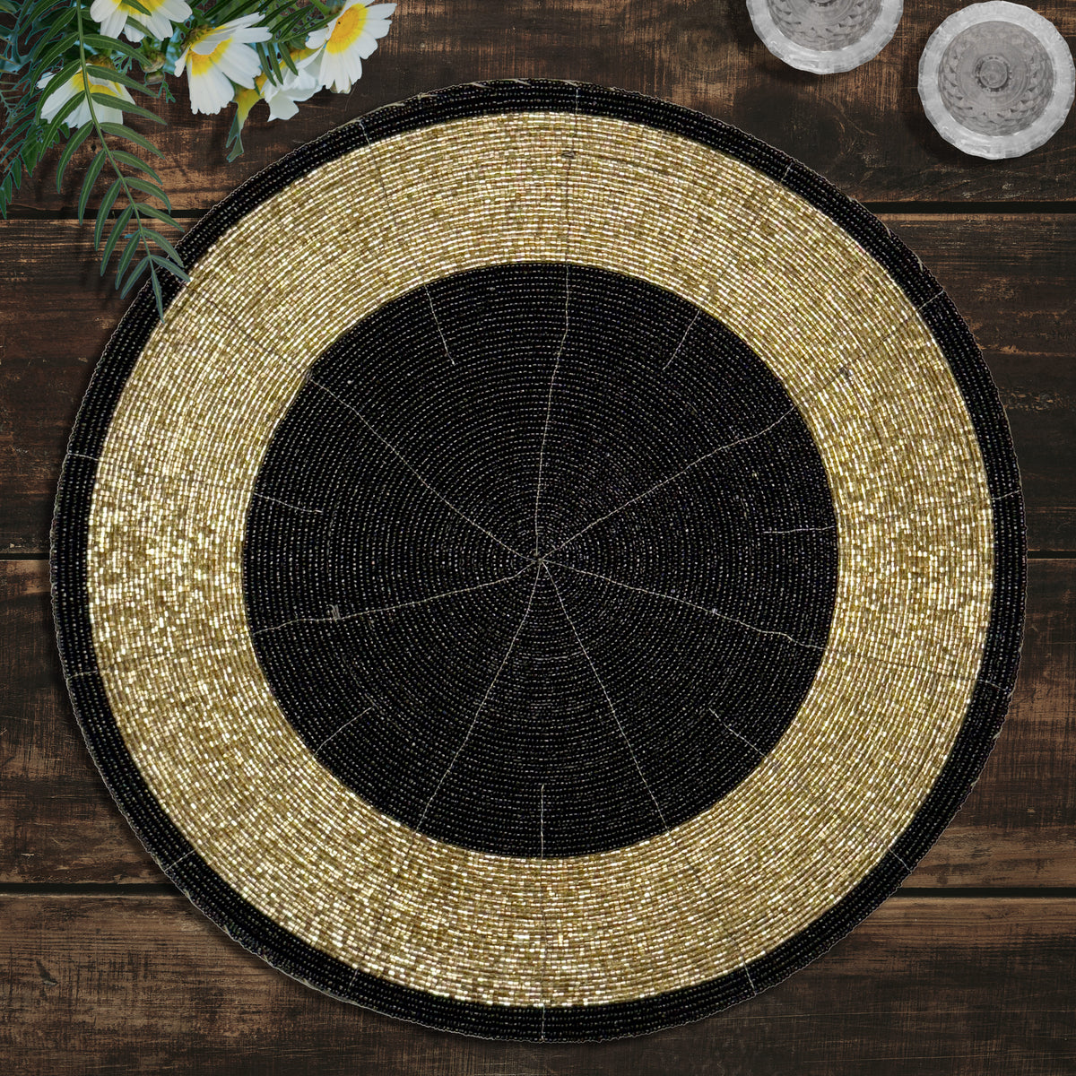 Golden Noir – Round Beaded Placemats in Black and Gold, Luxurious Decorative Dining Table Mats 14 inch - Decozen