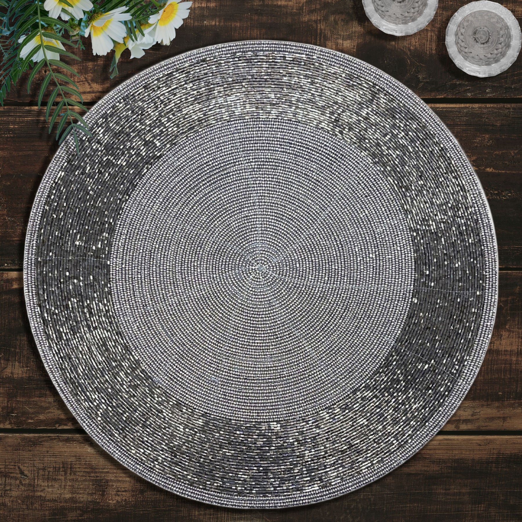 Set of four BD 036 037 beaded placemats featuring intricate beadwork and elegant design for table decor.