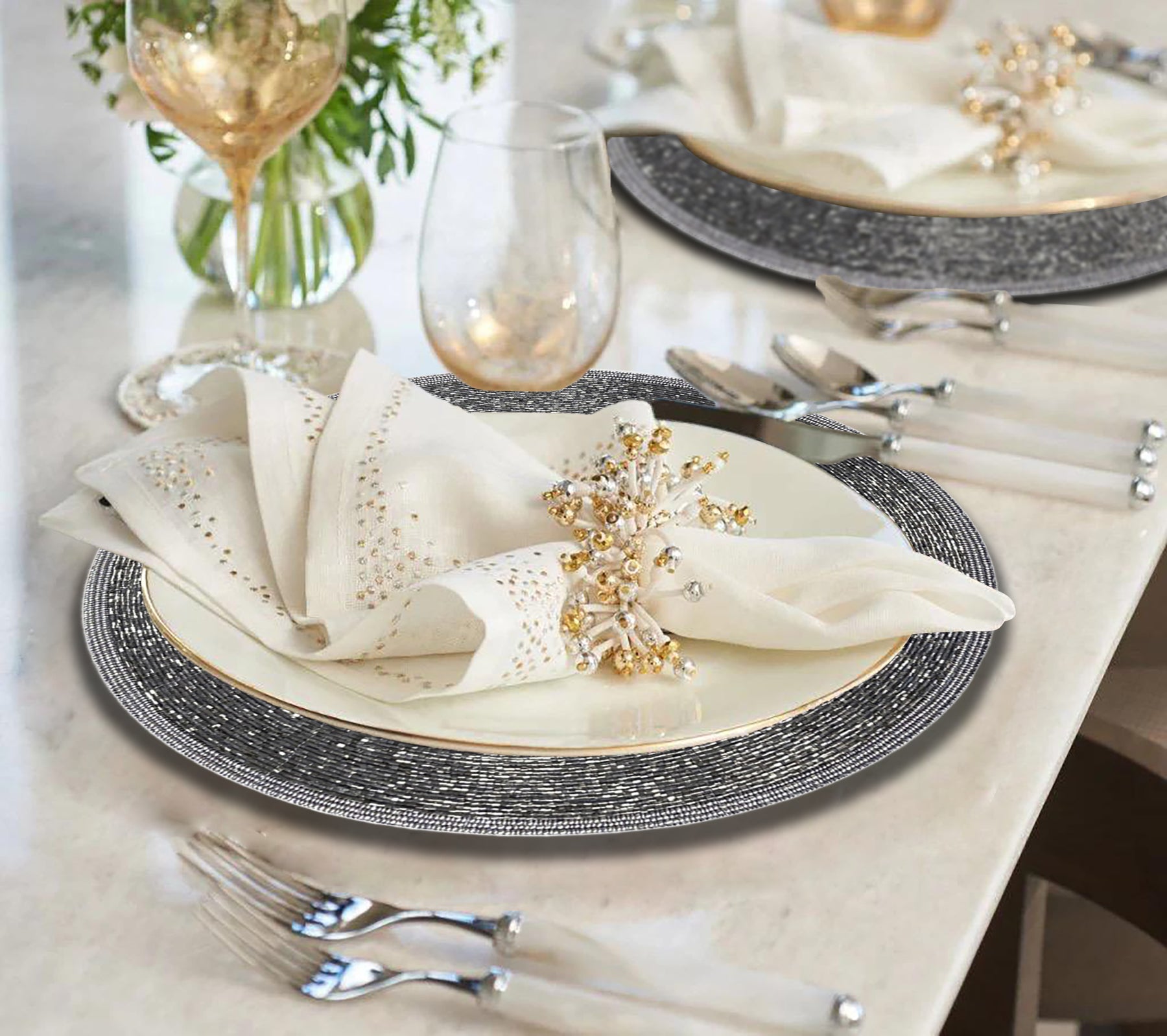 Set of four BD 036 037 beaded placemats featuring intricate beadwork, perfect for enhancing dining table decor.
