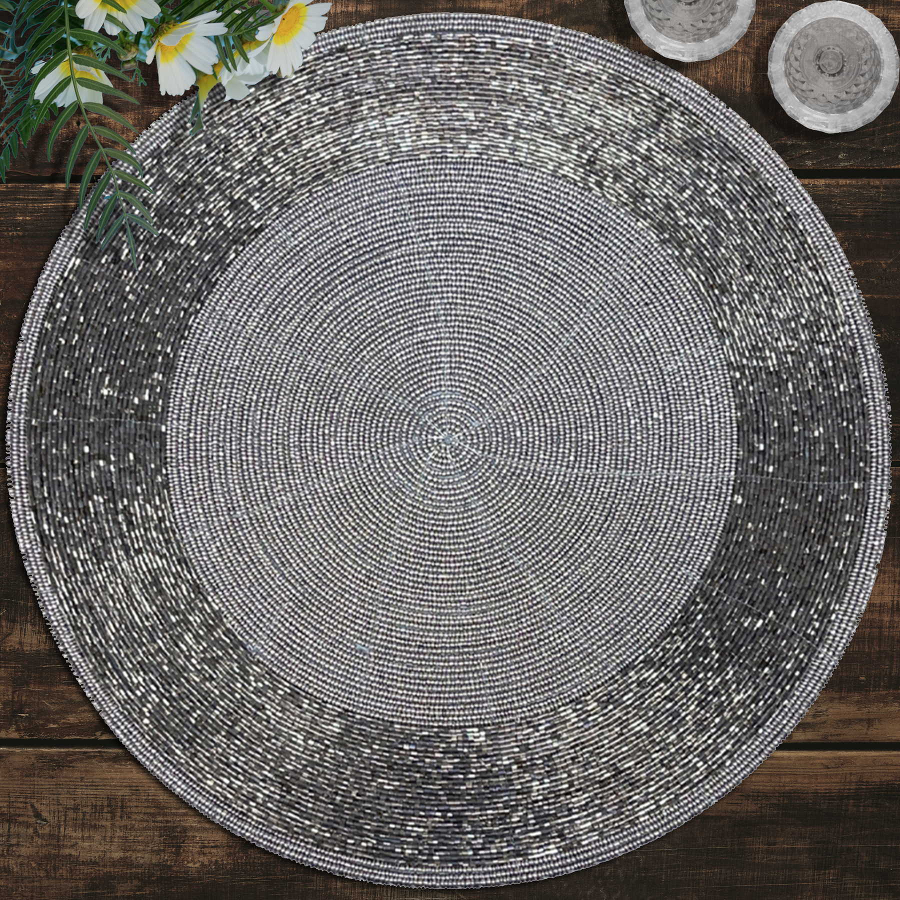 Set of four BD 036 037 beaded placemats featuring intricate beadwork, perfect for protecting surfaces and enhancing table decor.