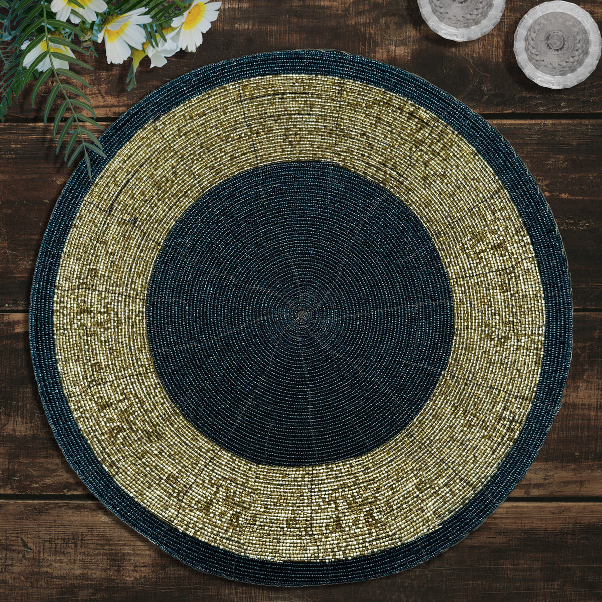 Set of four Midnight Dusk round beaded placemats in dark blue and gold, heat-resistant 14-inch table mats by BD 036 043.