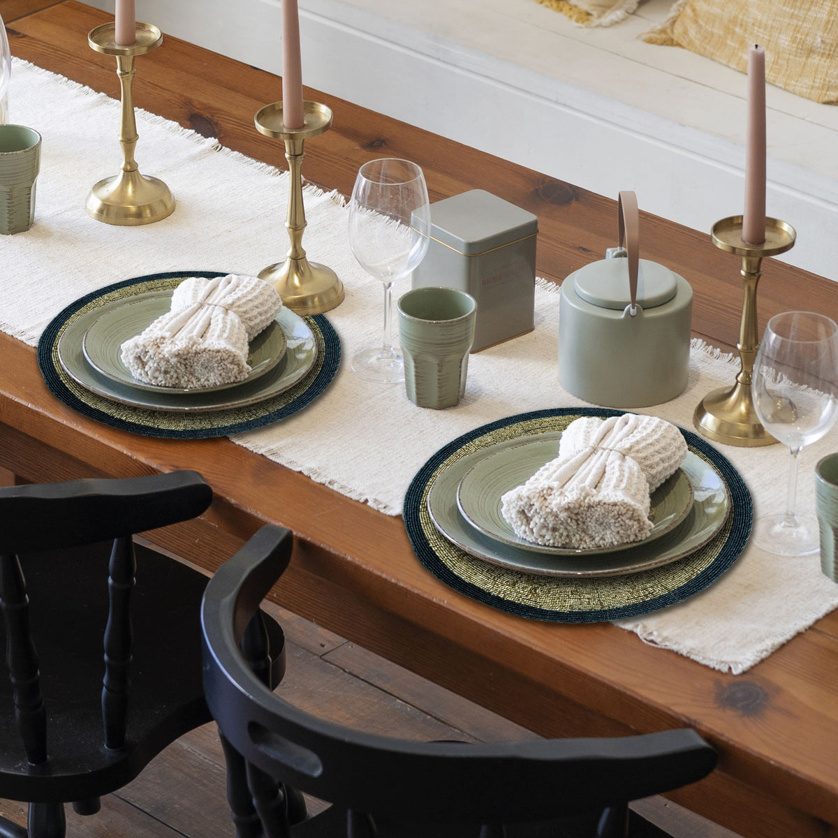 Set of four BD 036 043 beaded placemats featuring dark blue and gold round design, heat-resistant 14-inch table mats.