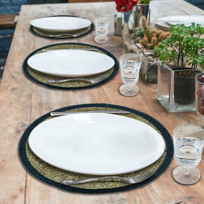 Set of four BD 036 043 beaded placemats in dark blue and gold, 14-inch round, elegant heat-resistant table mats.